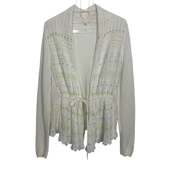 Moth Anthropologie Cardigan Medium Tie Waist Beading Embroidered Linen Cotton - Picture 1 of 13